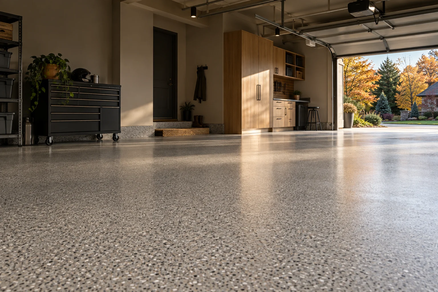 AI-generated design concept of a warm gray flake garage floor with oak cabinetry